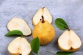 Pears on gray background view from above flat view of autumn