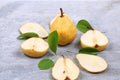 Pears on gray background view from above flat view of autumn