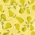 Pears and leaves, decorative background. Colorful samless pattern with ripe fruits