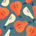 Pears and leaves, decorative background. Colorful samless pattern with fruits