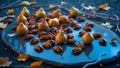 Autumn Still Life: Juicy Pears and Pecan Nuts on Dark Slate Royalty Free Stock Photo