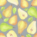 2451 pears, seamless pattern with watercolor ripe pears and leaves, wallpaper ornament, wrapping paper, background for design