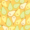 Pears simple seamless pattern yellow green slice fruit on orange background. Vector