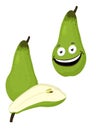 Pears vector illustration. One and a half green pear fruit on white background. Funny cartoon character illustration. Royalty Free Stock Photo