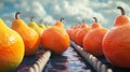 Pears vs. oranges in an intense tug of war match with the oranges fiercely rolling backwards in an attempt to win