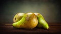 Pears with water drops. Wet shiny pears on dark abstract grunge background Royalty Free Stock Photo