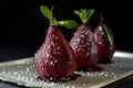 Pears in wine. Row of raditional dessert pears stewed in red win