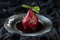 Pears in wine. Traditional dessert pears stewed in red wine on b