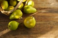 Pears on a wooden background. Fruit harvest. Autumn still life. Pear variety Bera Conference Royalty Free Stock Photo