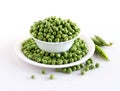 Peas in a Bowl on a Plate and Pea Pods Royalty Free Stock Photo