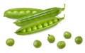 Peas isolated. Group of green fresh raw peas open pod with beans isolated on white background Royalty Free Stock Photo