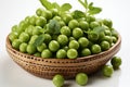 Peas on wooden bowl on white background