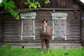 Peasant bay horse is grazed near a old rustic log farmhouse