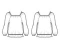 Peasant blouse technical fashion illustration with bouffant long sleeves, gathered wide scoop and hem, oversized. Royalty Free Stock Photo