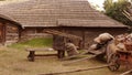 Peasant countryman stuff beside his wooden house.