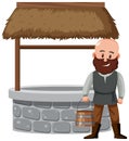 Peasant man standing beside a stone well with rooftop