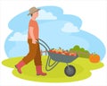 Peasant with wheelbarrow, vegetables and fruits. Cartoon and vector illustration, isolated objects