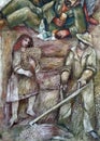 Peasants in harvest fresco by Sieger Koder on the wall of the pilgrimage house of St. James in Hohenberg, Germany