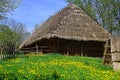 Peasants hut. Country house on spring landscape. Old village cottage. Building made of wood with thatched roof Royalty Free Stock Photo