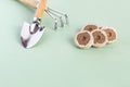 Peat briquettes for growing seedlings and young plants on a green background. Shovel, rake. isometric