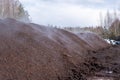 Peat harvesting. Field with piles of harvested peat.