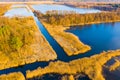 Peat lands aerial. Beautiful spring landscape. Bright sun shining above rural area Royalty Free Stock Photo