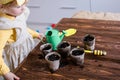 Peat pots, a small green watering can, a rake and a shovel on a wooden vintage table. Cultivation of seedlings by a