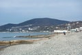 Pebble beach and sea. Mountain View Royalty Free Stock Photo