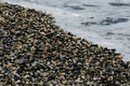 pebble beach washed by sea waves, small and various stones forming the shore