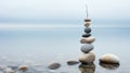 Pebble cairn, stack of smooth pebbles in shallow water on the seaside. Stone stack in a calm misty ocean. Generative AI Royalty Free Stock Photo