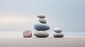 Pebble cairns, stacks of smooth pebbles on the seaside. Stone stacks on the sand beach near a calm misty ocean. Generative AI Royalty Free Stock Photo