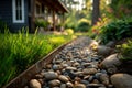 Pebble path edging lush green grass in front of cozy cottage garden Royalty Free Stock Photo