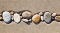 Pebble stones lie on the sand in definite order. Zen meditation. Generative AI