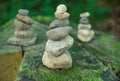 Pebble towers in a forest. Balanced stones in a pile on the wooden background covered with moss Royalty Free Stock Photo