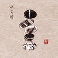 Pebble zen stones balance on vintage background. Traditional Japanese ink painting sumi-e. Contains hieroglyphs - peace Royalty Free Stock Photo