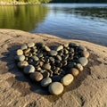 Pebbles arranged in a heart shape on a flat rock by a calm river Royalty Free Stock Photo