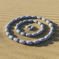Pebbles are arranged in a spiral pattern on sand with visible ripples Royalty Free Stock Photo