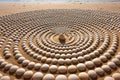 pebbles arranged in a spiral pattern on a sandy beach