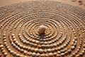 pebbles arranged in a spiral pattern on a sandy beach