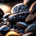 Pebbles on the beach at sunset.