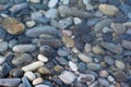 Pebbles in a clear calm clear sea. A sunny morning day. Background with round pebbles. The stones of the beach are smooth. View Royalty Free Stock Photo