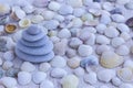 Pebbles lined with pyramid on the background of seashells