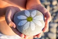 pebbles with a painted daisy in the hands of a child on the background of a pebble beach