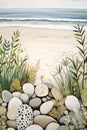 Pebbles and plants on the beach. Seascape painting in neutral tones. Generative AI