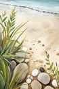 Pebbles and plants on the beach. Vertical digital painting in neutral colors. Generative AI
