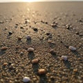 Pebbles scattered across a sandy beach with a warm golden hue Royalty Free Stock Photo