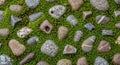 Pebbles of various sizes and colors are arranged on a lush bed of green moss. Each stone features Royalty Free Stock Photo