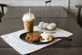Pecan cobbler alamode with iced coffee