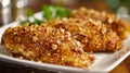 Pecan-crusted chicken breasts on a white serving platter