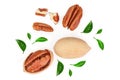 Pecan nut decorated with green leaves isolated on white background. Top view. Flat lay
